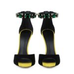 Sparkling Green Stone Black Suede Sandals