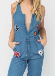 Plunging Waist Applique Denim Jumpsuit