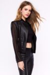Vegan Leather Cropped Chiffon Sleeve Jacket