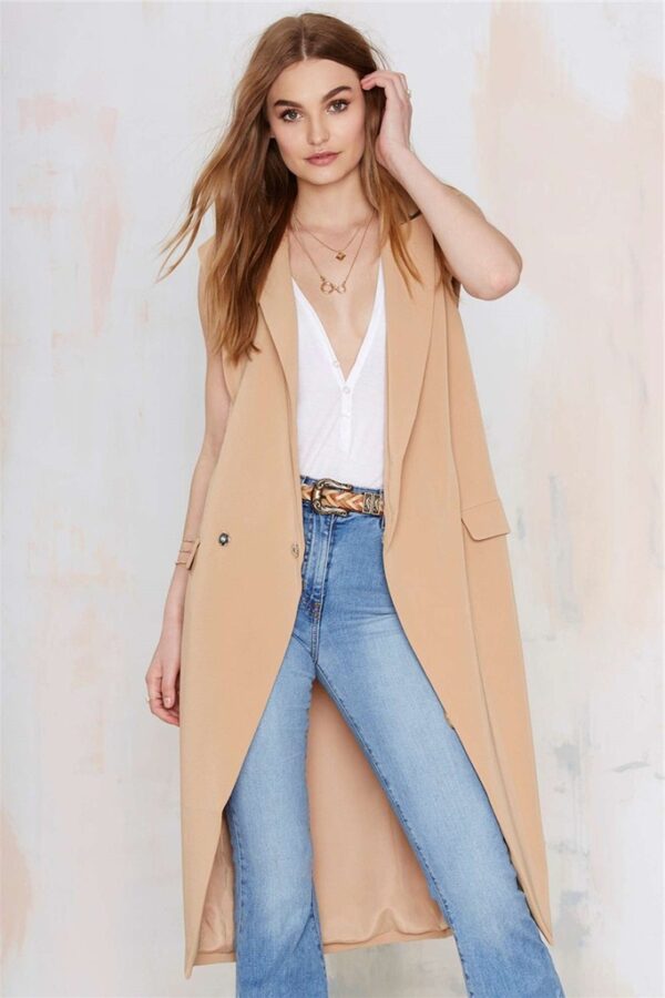 Long Single Button Camel Blazer Vest 2 723