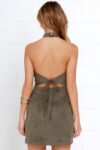 Open Back Army Green Mini Suede Dress