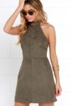 Open Back Army Green Mini Suede Dress