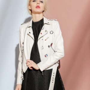 beige appliqued short women leather jacket