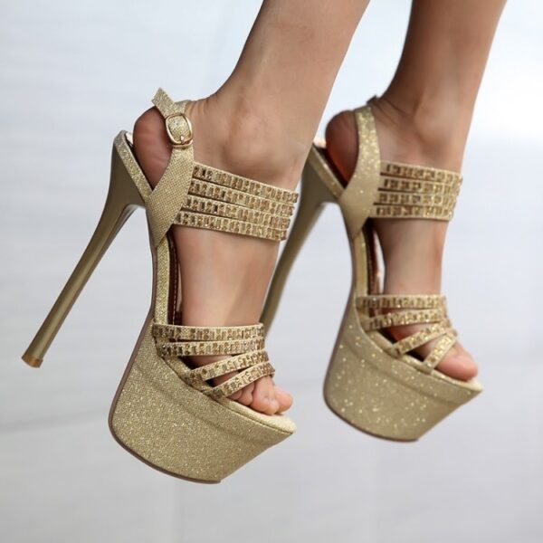 beige color glittery platform high women high heel shoes