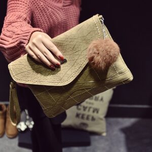 beige color leather pom pom envelope bag