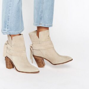 Chic Beige Suede Lace Up Block Heel Booties