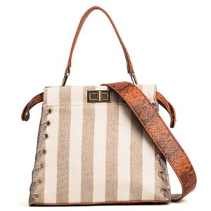 Elegance Striped Woven Canvas Genuine Leather Tote Bag