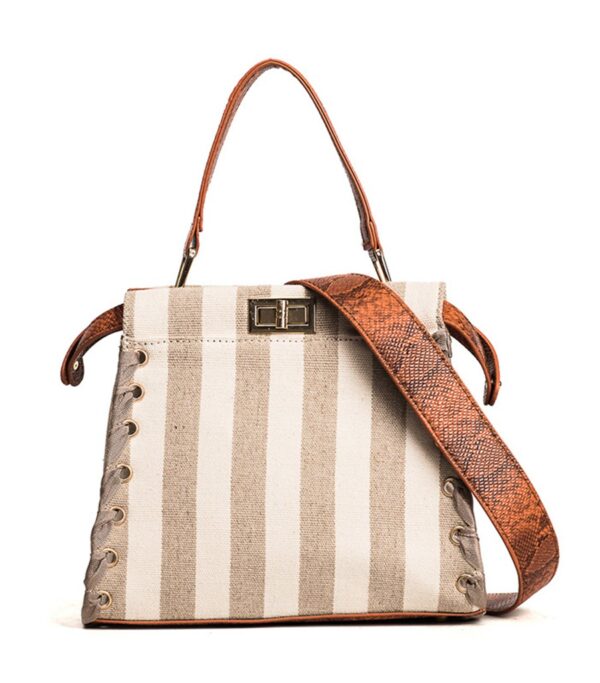 Elegance Striped Woven Canvas Genuine Leather Tote Bag 1 beige striped women canvas bag