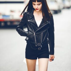 Deep Black Cropped Biker Belted Jacket