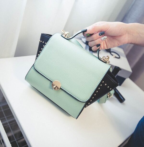 black aqua mint green studded rivet trapeze bag
