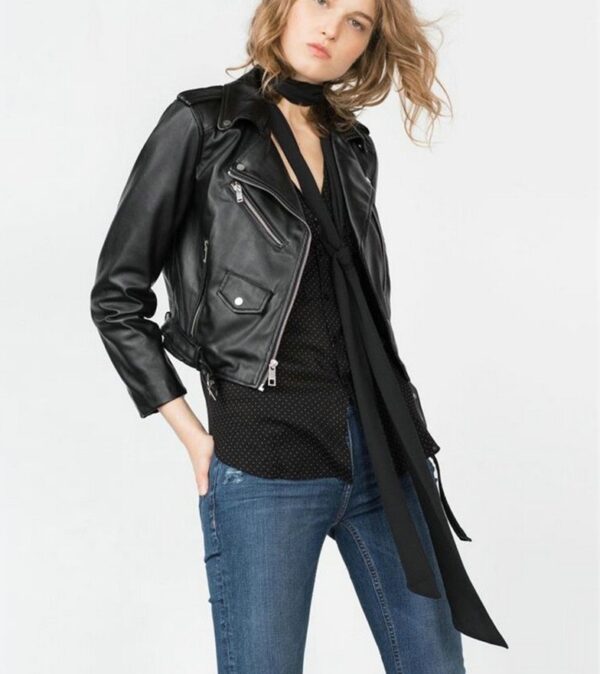 black belted women short leather jacket
