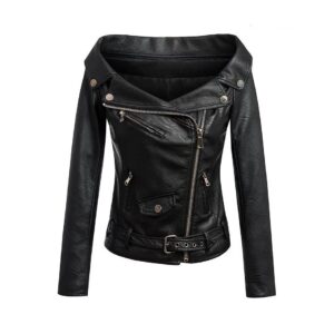 Elegant Wide Neck Vegan Leather Jacket