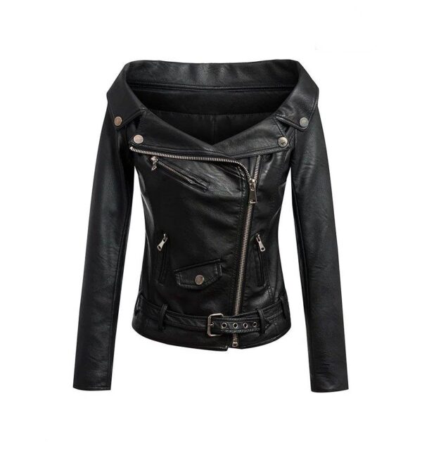 black boat collar leather jacket