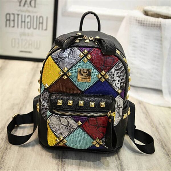 Vibrant Rainbow Studded Vegan Leather Backpack 3 black colored studded rivet leather backpack rucksack
