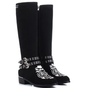 Elegant Embroidered Buckled Genuine Suede Ankle Boots