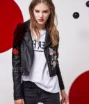 Edgy Floral Embroidered Studded Leather Biker Jacket