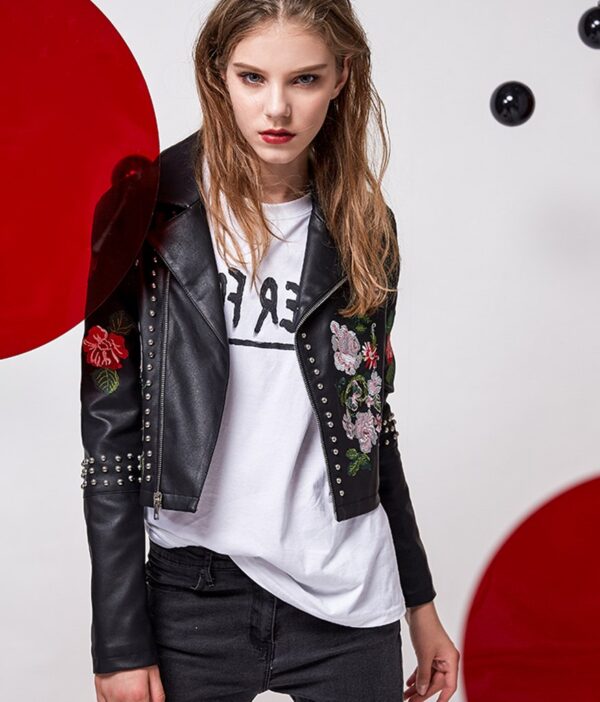 Edgy Floral Embroidered Studded Leather Biker Jacket 2 black embroidery and stud riveted detail leather jacket