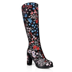 Vibrant Floral Embroidered Black Suede Heeled Boots