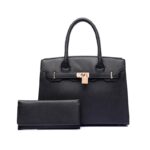 Elegant Lock Detail Genuine Leather Top Handle Bag