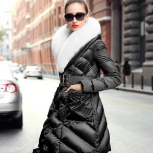 Luxury Real Fox Fur Collar Belted Goose Down Parka Coat