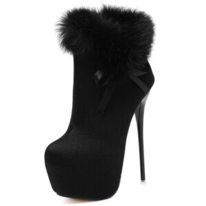 Ultra Slim High Heel Fur Trim Shiny Platform Booties