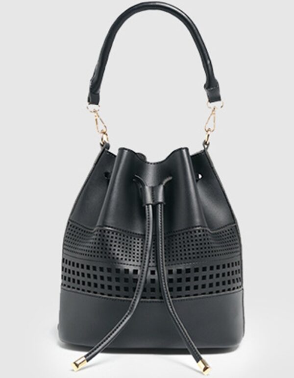 Boho Romantic Laser Cut Ruched Vegan Leather Bucket Bag 3 black laser cut bucket bag