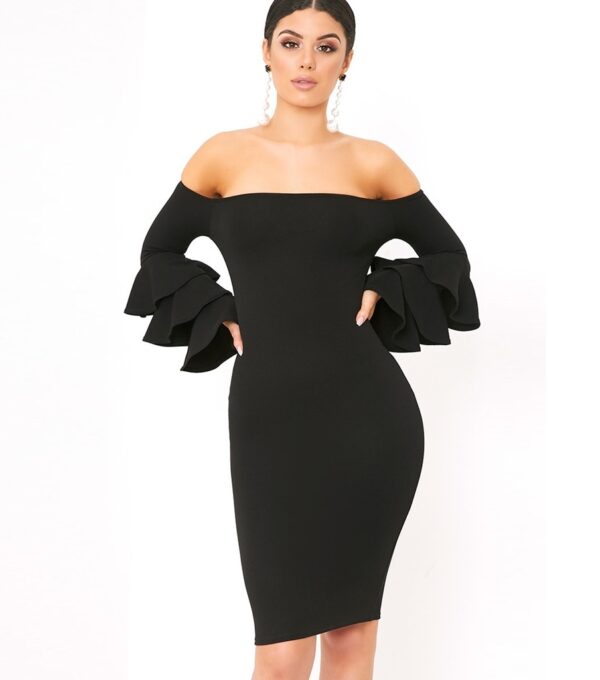 Glamorous Off-Shoulder Ruffle Long Sleeve Midi Dress 2 black low shouldered midi dress
