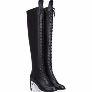Elegant Black Platform Lace Up Knee High Boots