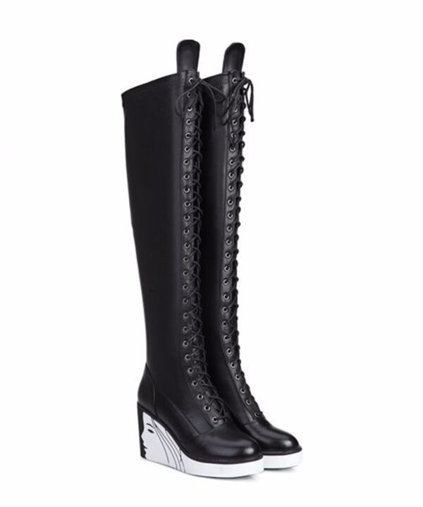 Elegant Black Platform Lace Up Knee High Boots 1 black platform heel lace up boot