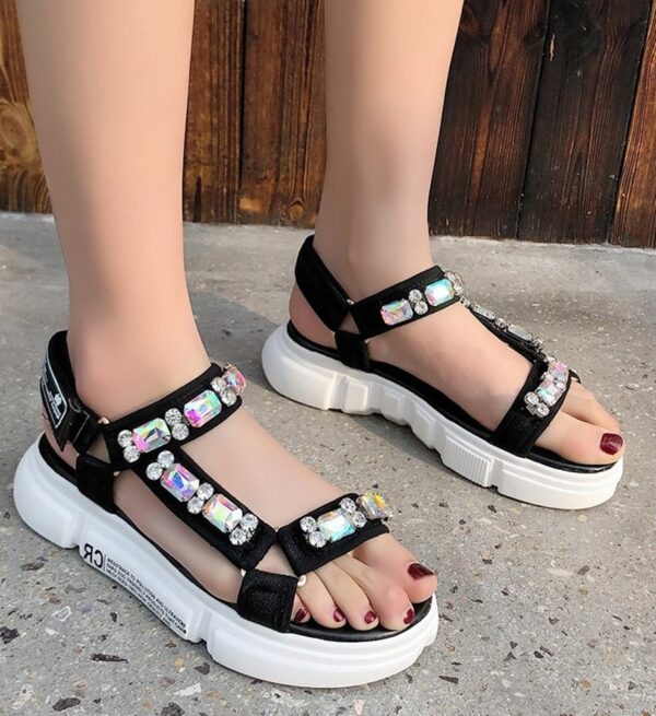 Chunky Platform Crystal Embellished Retro Sandals 2 black rhinestone thick sole sport sandals