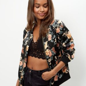 Romantic Floral Print Satin Bomber Jacket