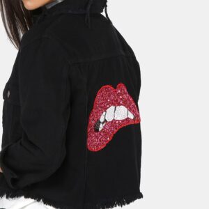 Chic Sequin Lips Embellished Cropped Denim Jacket