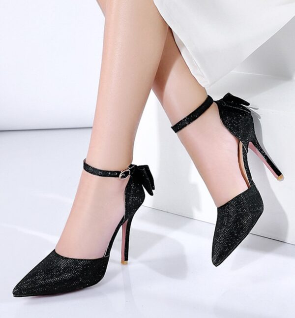 black shiny bow stiletto