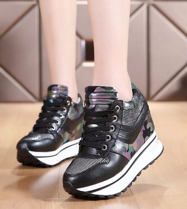 Sparkling Lace Up Height Boosting Platform Sneakers 3 black shiny lace up women hidden increasing height heel shoes