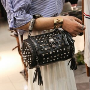 Punk Skull Crystal Studded Genuine Leather Barrel Bag