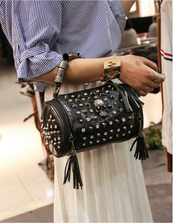 Punk Skull Crystal Studded Genuine Leather Barrel Bag 1 black skull detail cylinder bag