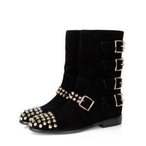Chic Rivet Buckle Studded Suede Ankle Boots