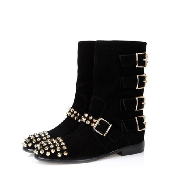 black stud riveted and buckled suede boot