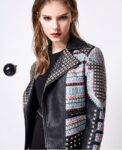 Bold Ethnic and Metal Stud Pattern Leather Biker Jacket