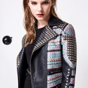 Bold Ethnic and Metal Stud Pattern Leather Biker Jacket