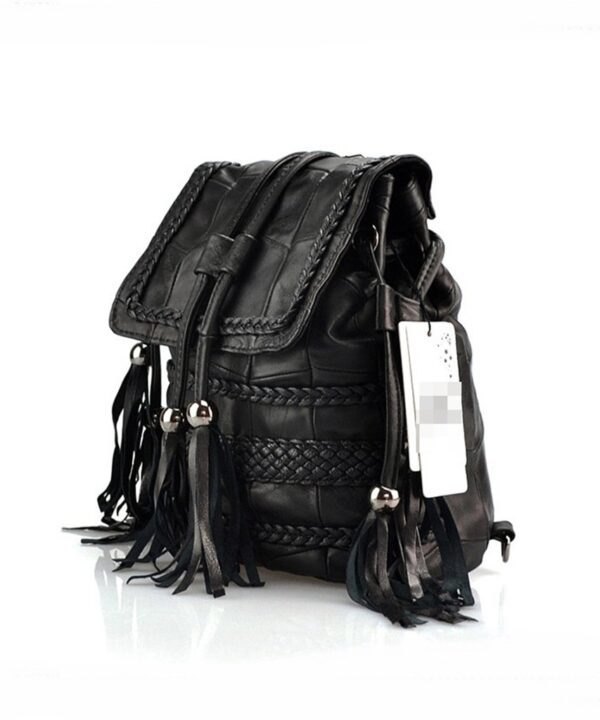 Stylish Woven Tassel Embossed Genuine Leather Backpack 1 black tasseled leather backpack rucksack