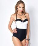 Chic Black White Halter Neck Tie One Piece Swimsuit