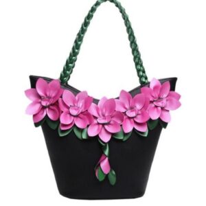 black woven handled floral leather bag