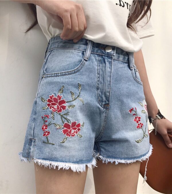 blue high waist embroidered denim shorts