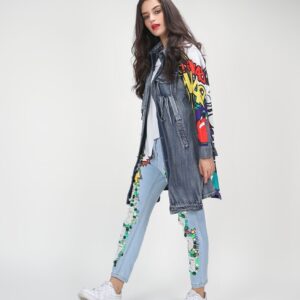 Chic Colorful Printed Long Denim Jacket