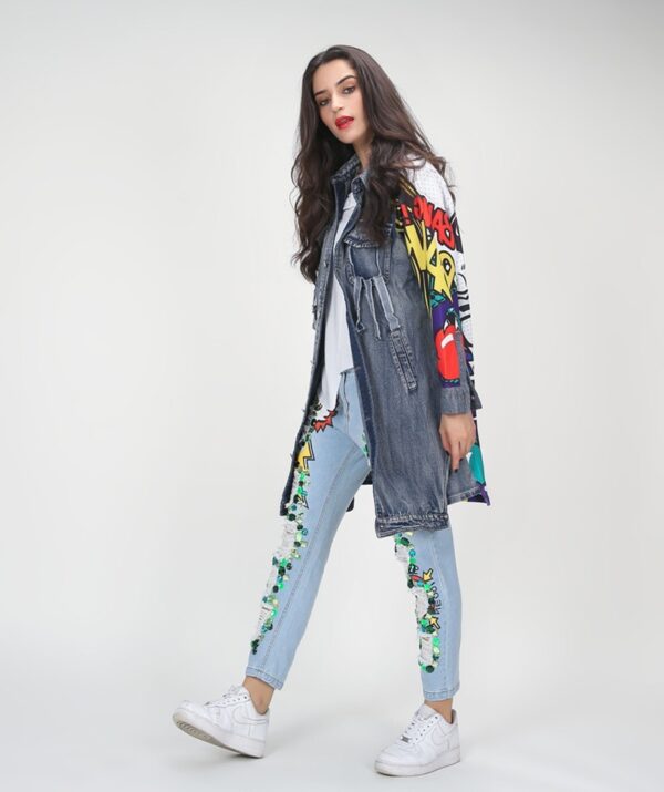 blue printed long denim jacket