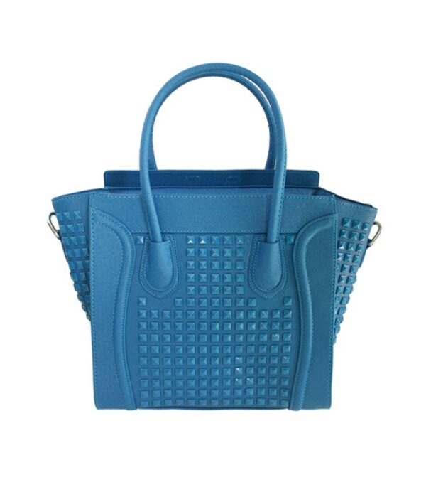 blue studded rivet leather sleeve bag