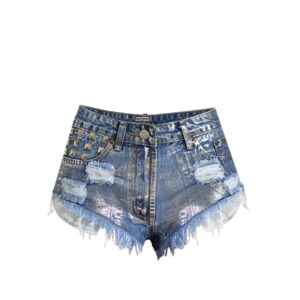 Edgy Metal Stud Fringe Distressed Denim Mini Shorts