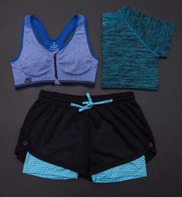 blue triple set women fitness outfit