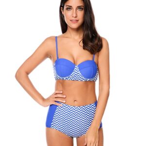 blue white geometric pattern high waist bikini